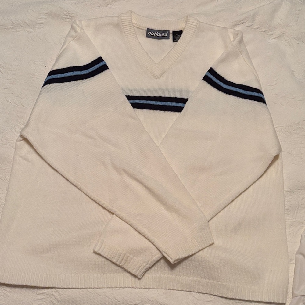 White V-Neck Sweater with Blue Stripes